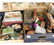 TWO BOXES CONTAINING VINTAGE TINS, JIGSAW PUZZLES ETC