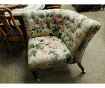 VICTORIAN MAHOGANY FRAMED CORNER CHAIR WITH FLORAL UPHOLSTERY WITH BUTTON SEAT AND BACK WITH