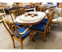 REPRODUCTION YEW WOOD TWIN PEDESTAL DINING TABLE TOGETHER WITH A SET OF SIX SPLAT BACK DINING CHAIRS