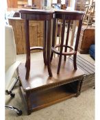 RECTANGULAR OAK FRAMED TWO-TIER TABLE TOGETHER WITH TWO EASTERN HARDWOOD STOOLS (A/F) (3)