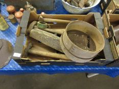 Box containing various vintage tools including hammers, sieve, pliers etc