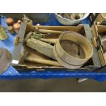 Box containing various vintage tools including hammers, sieve, pliers etc