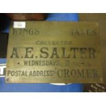 Local interest brass door plaque AE Salter, Kings taxes collector, postal address Cromer