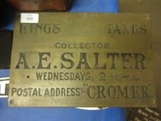 Local interest brass door plaque AE Salter, Kings taxes collector, postal address Cromer