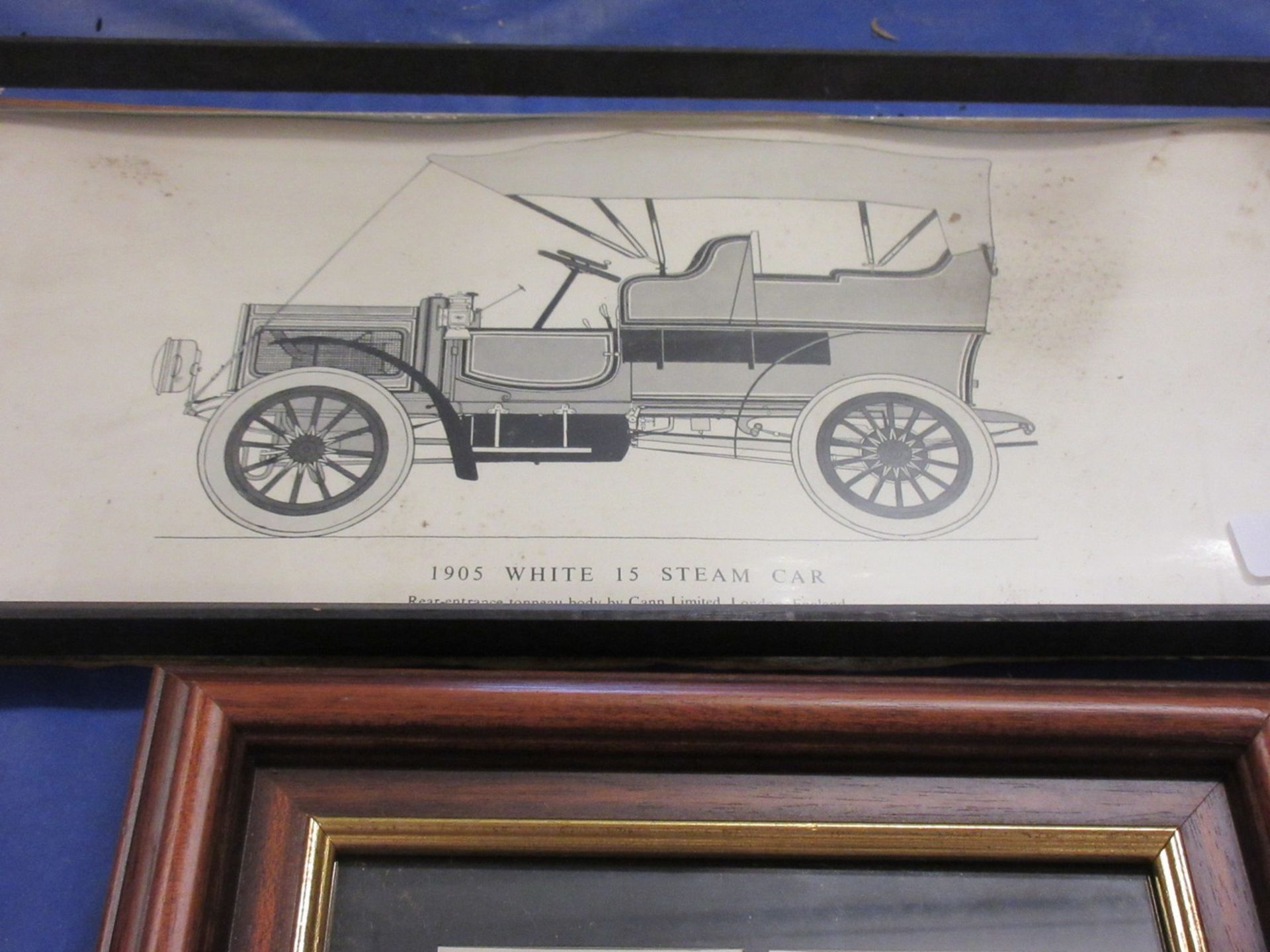 A small framed print of the 1905 white 15 steam car