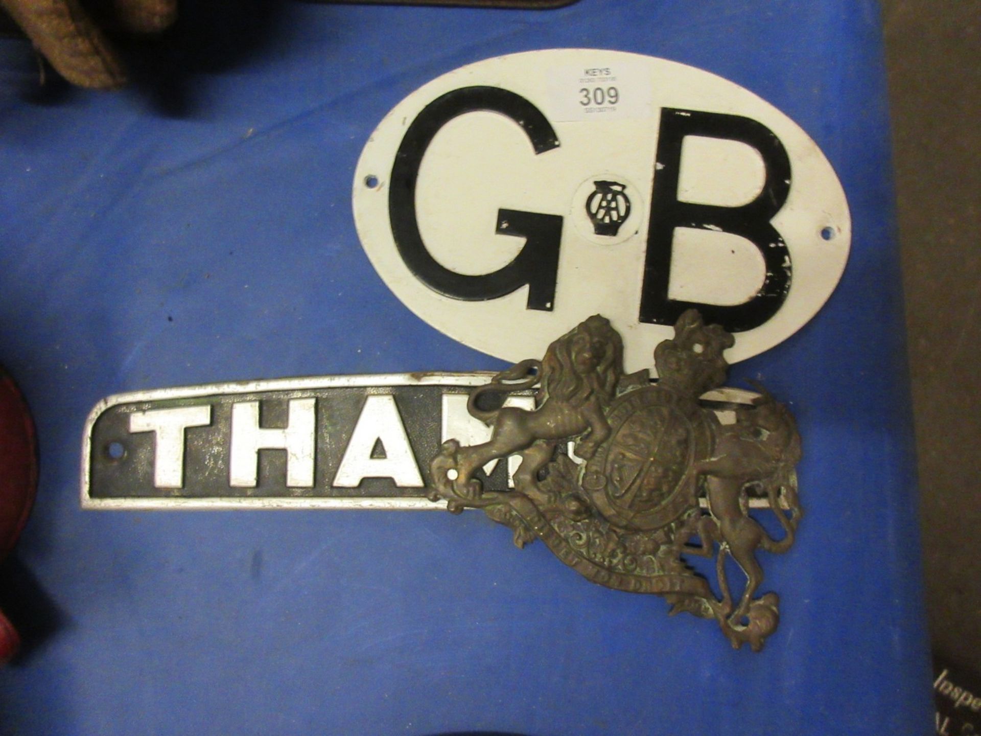 Three various pressed tin plates viz Thames, AA GB badge, and Royal coat of arms