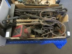 Box containing various vintage hooks, blacksmiths tools, drills, etc