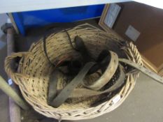 Wicker Log Basket containing qty various Horse Leather