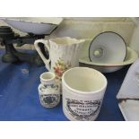 A marmalade pot together with a Dijon mustard bottle and a floral milk jug