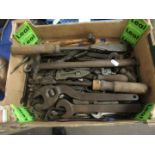 Box: quantity various metal tools including spanners adjustable wrenches calipers etc