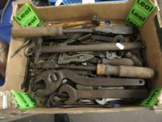 Box: quantity various metal tools including spanners adjustable wrenches calipers etc