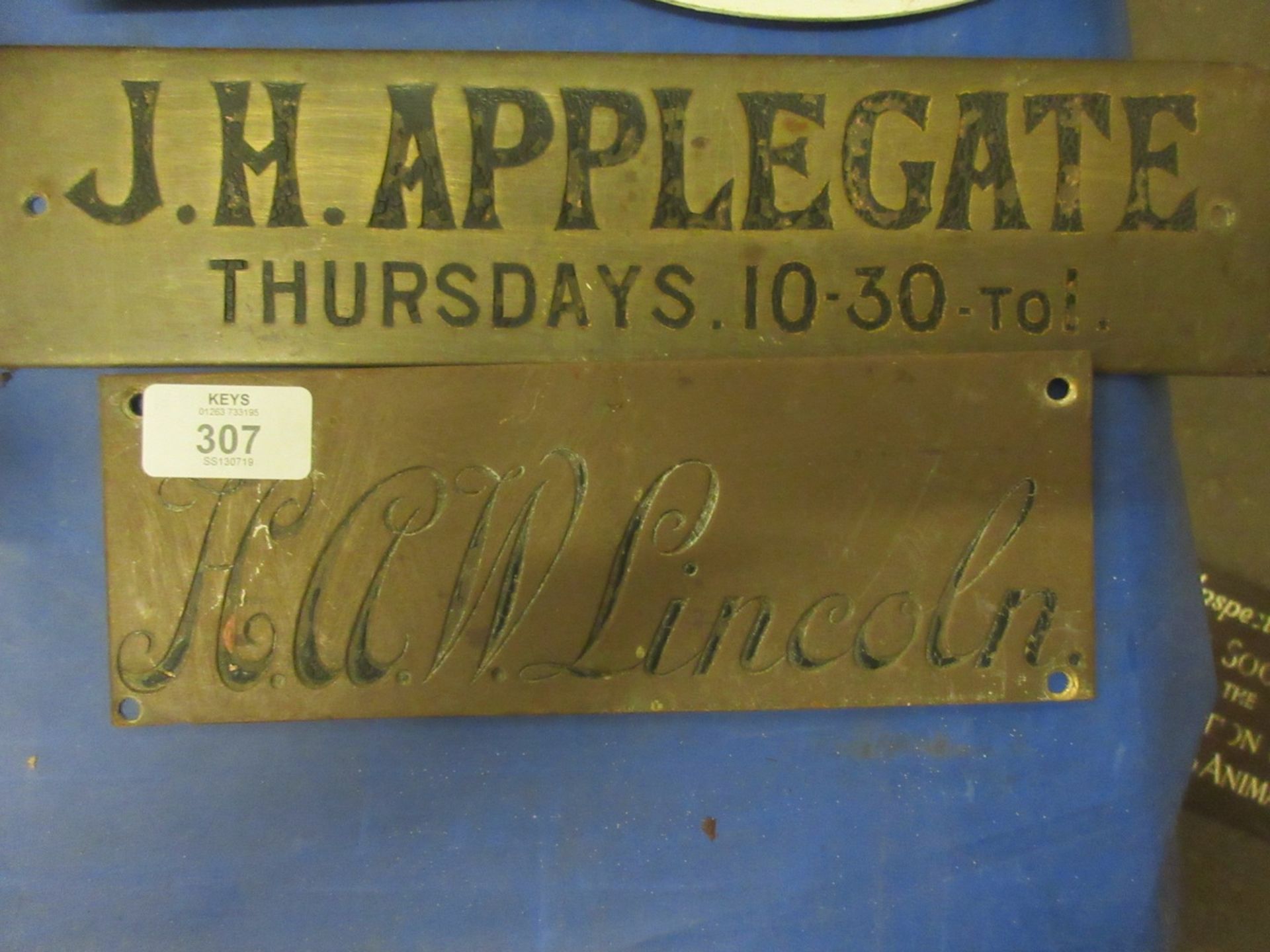 Two local interest brass door plates, HAW Lincoln and JH Applegate