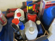 Box containing various car valeting products,fire extinguisher, oilcan etc