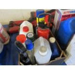 Box containing various car valeting products,fire extinguisher, oilcan etc