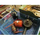 Box: three various oil cans together with a small Primus Stove