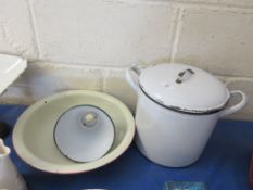 Three enamel pieces comprising bread crock mixing bowl and lampshade