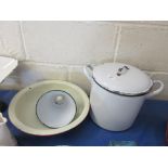 Three enamel pieces comprising bread crock mixing bowl and lampshade