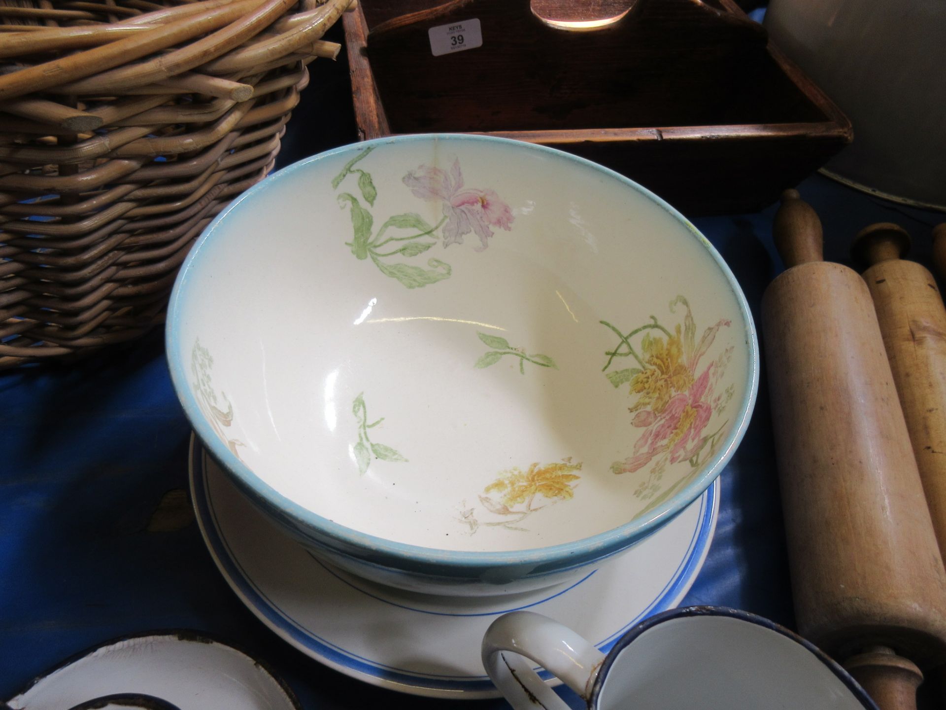 Blue and white dish together with floral decorated1920s bowl