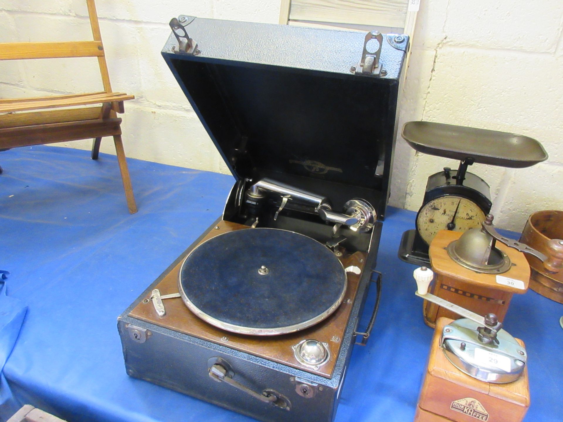 Gramophone player and two boxes of 78 records