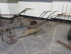 Vintage Ransomes horse plough, t/w some spares, seed drill box, etc