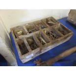 Wooden tray and contents including various old ironmongery etc