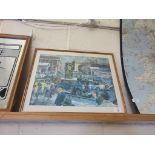 Framed motor-interest jigsaw puzzle, depicting circa 1940s/50s city scene, approximately 18“ x 16“