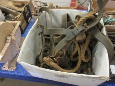 Box containing various vintage horse harness and bits, stable logs, etc