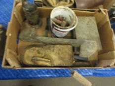 Box containing quantity various toolshed sundries including measuring cup, ironmongery