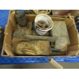 Box containing quantity various toolshed sundries including measuring cup, ironmongery