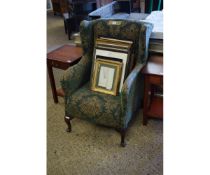 GOOD QUALITY MODERN GOLD AND GREEN FIRESIDE WING CHAIR ON PAD FRONT FEET