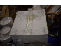 PAIR OF GOOD QUALITY GLASS SQUARE BASED TWO BRANCH CANDELABRA