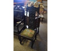 VICTORIAN GOTHIC OAK PANELLED BACK HALL CHAIR WITH BARLEY TWIST SUPPORTS AND EMBROIDERED DROP IN