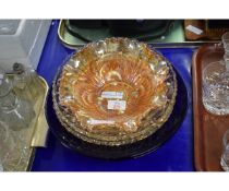 THREE CARNIVAL GLASS DISHES TOGETHER WITH TWO FURTHER BLUE GLASS BOWLS