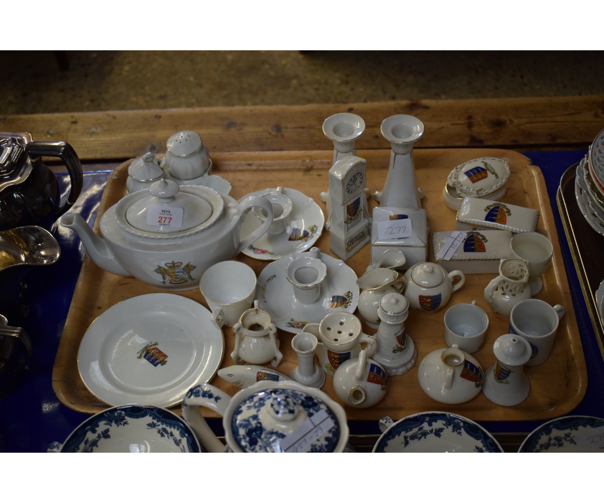 TRAY CONTAINING MIXED CRESTED WARES, TEA POTS, CANDLESTICKS, STORAGE JARS ETC