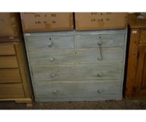 GREEN PAINTED PINE FRAMED TWO OVER THREE FULL WIDTH DRAWER CHEST (LACKING FEET) WITH TURNED KNOB