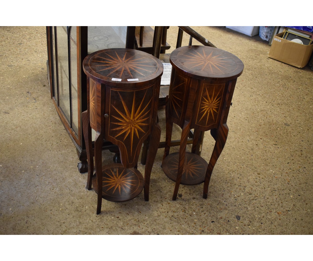 PAIR OF MODERN CIRCULAR BEDSIDE TABLES WITH STAR INLAY DETAIL