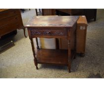 MID-20TH CENTURY OAK FRAMED SINGLE DRAWER SIDE TABLE WITH CARVED MOON DECORATION TO TOP AND DRAWERS