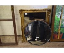 CIRCULAR FRAMELESS MIRROR WITH BEVELLED EDGE AND A FURTHER RECTANGULAR GILT FRAMED MIRROR (2)