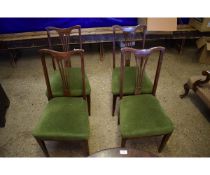 SET OF FOUR EDWARDIAN MAHOGANY AND INLAID SPLAT BACK DINING CHAIRS WITH GREEN VELOUR UPHOLSTERED