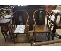 PAIR OF CHINESE HARDWOOD ARMCHAIRS, EACH IN CLASSICAL FORM WITH HORSESHOE BACKS WITH SHAPED SPLAT