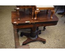 WILLIAM IV ROSEWOOD FOLD-OVER CARD TABLE WITH GREEN BAIZE LINED INTERIOR WITH CARVED COLUMN ON A