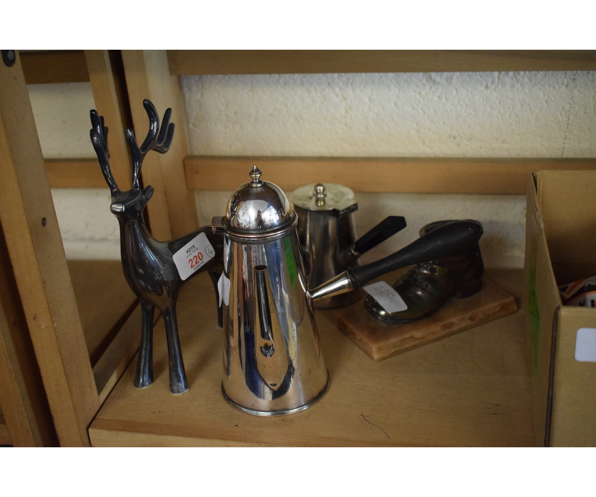 MODERN STAG FORMED ORNAMENT, A SILVER PLATED CHOCOLATE POT, A BOOT FORMED ORNAMENT ETC (4)