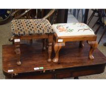 OAK FRAMED UPHOLSTERED TOP SMALL STOOL TOGETHER WITH A FURTHER SMALLER EASTERN HARDWOOD STOOL (2)
