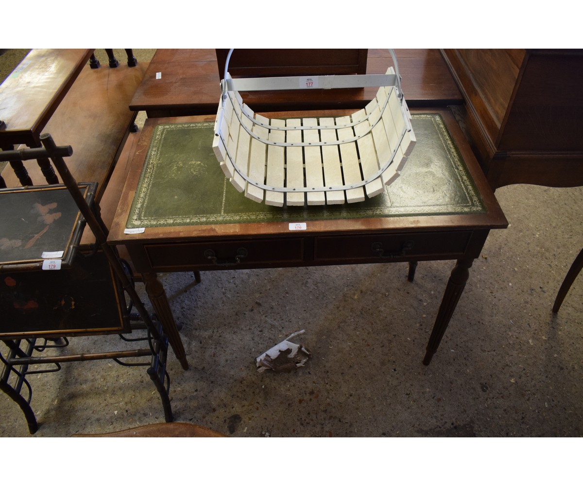 REPRODUCTION MAHOGANY FRAMED TWO DRAWER DESK WITH GREEN LEATHER INSERT ON REEDED LEGS