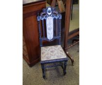 PAIR OF VICTORIAN GOTHIC OAK HALL CHAIRS WITH FLORAL UPHOLSTERY AND AN H STRETCHER