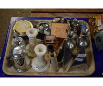 TRAY CONTAINING MIXED CANDLESTICKS, EWERS, TRIANGULAR FORMED ORNAMENTS ETC