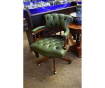 GOOD QUALITY MAHOGANY FRAMED OFFICE CHAIR WITH GREEN LEATHER UPHOLSTERY