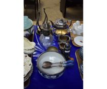 WEDGWOOD BLUE JASPERWARE SALAD BOWL AND SERVERS, MIXED LOT OF SILVER PLATED WARES, THREE PIECE TEA