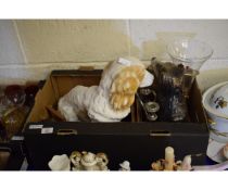 BOX CONTAINING TWO LARGE DOG ORNAMENTS, A SILVER PLATED CANDELABRA ETC