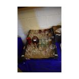 TWO TRAYS CONTAINING MIXED GLASS WARES, SUNDAE DISHES, CHAMPAGNE GLASSES ETC (2)